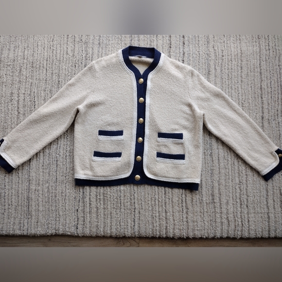 SUPER CLEAN J Crew Boucle Lady Jacket Cardigan Cream Navy Blue Size Large - Picture 3 of 9